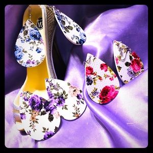 Leather feel tear drop floral earring